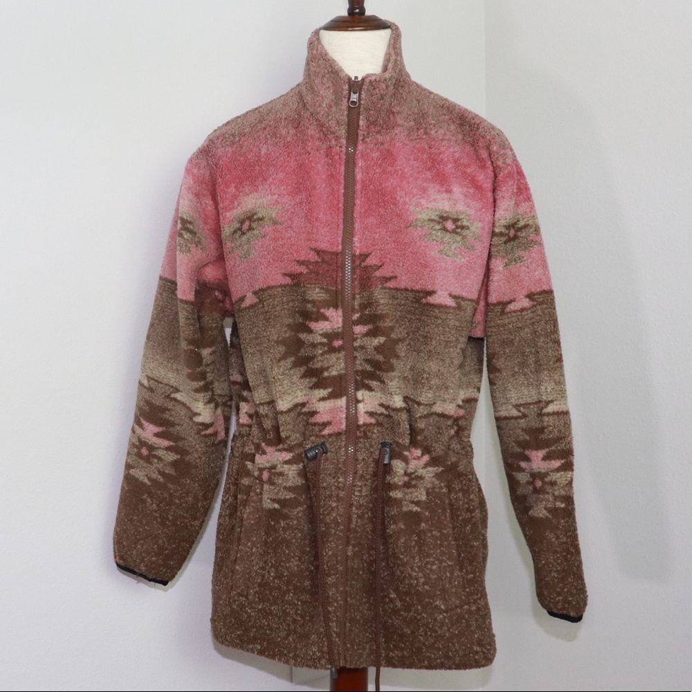 Cabela’s Pink Brown Aztec Drawstring Waist Fleece Outdoor Winter Jacket Zip Up S